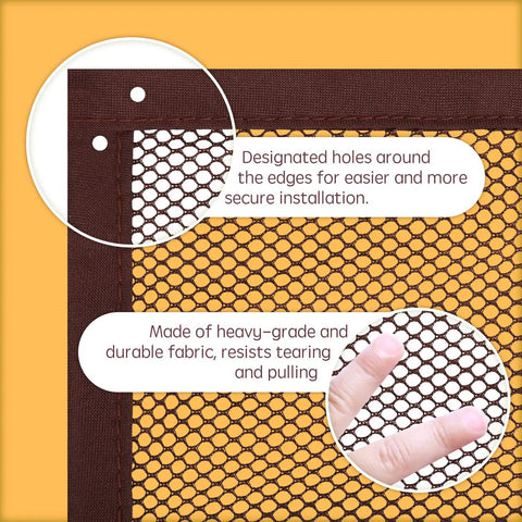 Close-up of Adjustable Stair Banister Safety Net Gate showing secure edge holes and durable mesh fabric, dark brown color