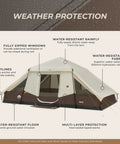 Weather-protected Ten Person Instant Cabin Tent With Built In Led Lighting And Pop Up Setup Large Lighted Camping Tent For Outdoor Adventures Glamping Or Backyard Use Includes Storage Pockets For Gear