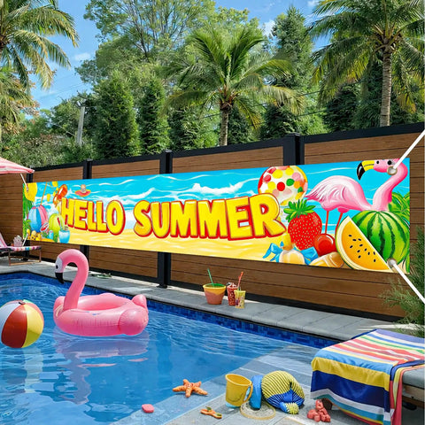 Hello Summer Banner 118 By 20 Inches Outdoor Beach Theme Party Decor With Flamingo And Tropical Fruit Design visible at poolside.