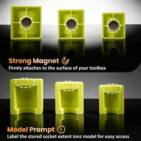 Magnetic Socket Extension Organizer With Modular Holders For Quarter, Three Eighths, And Half Inch Drives, Magnetic Base