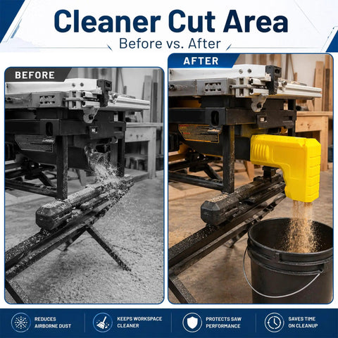 Universal Table Saw Dust Collector Adapter with 2.5 Inch Hose before and after installation on saw