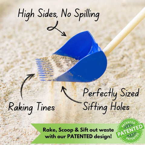 Two In One Chicken Poop Scooper And Rake For Coop Cleanup, Durable Sand Sifting Shovel, with high sides and raking tines.