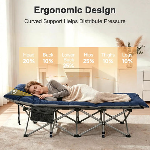 Woman sleeping on Beefy 28 Inch Wide Camping Cot For Adults, Heavy Duty 1200D Oxford Fabric, Portable Folding Camp Bed with Detachable Soft Mat
