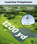 Golf Range Finder With Slope On Off, 1200 Yard Laser, 7X Magnification, Laser Display Showing 1200 yd Range on Golf Course