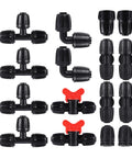 16-piece 1/2-inch irrigation fittings kit in black plastic with elbows, tees, couplers, adapters and two red valves.