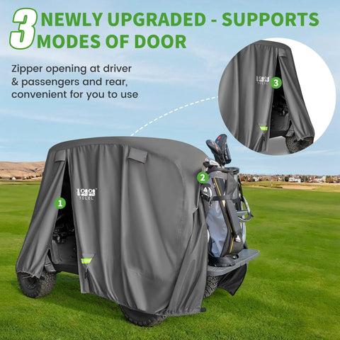 Heavy Duty Golf Cart Cover For 2, 4, Or 6 Passengers Universal Fit For EZGO Club Car Yamaha on golf course with zipper access.
