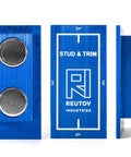 Magnetic Stud Finder With Trim Reveal Gauges For 1/4 Inch And 1/2 Inch, Plus 1/8 Inch Door Gap Gauge, made of blue aluminum, showing magnets.