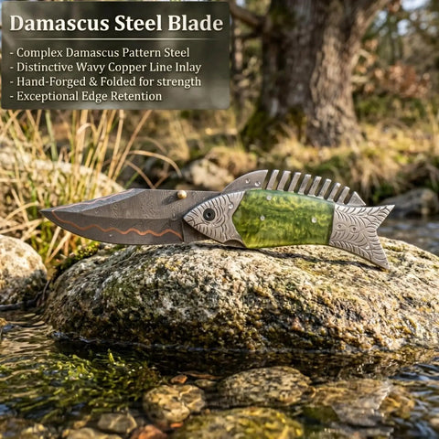Fish Style Copper Damascus Folding Knife With Ladder Pattern Blade, Brass Engraved Handle, on a rock near stream