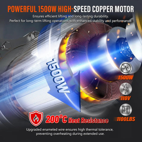 Close-up view of a 1500W motor used in Electric Chain Hoist Half Ton With 20 Ft Wired Remote, showing copper wiring and heat resistance features.