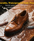 Leather shoe with water droplets showcasing Leather Repair Kit For Car Seats, Furniture And Couches With 3 Step Reinforcement