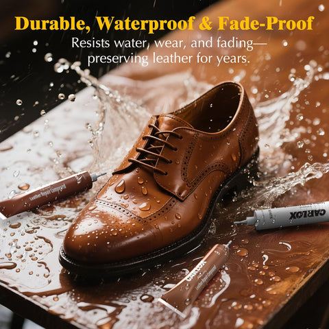 Leather shoe with water droplets showcasing Leather Repair Kit For Car Seats, Furniture And Couches With 3 Step Reinforcement