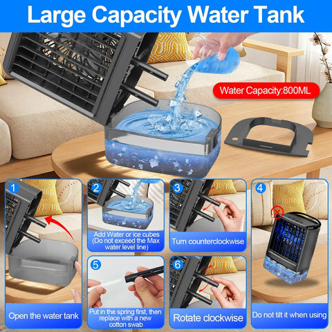 Ultimate Portable Air Conditioner Mini Personal AC demonstrating water tank filling, 800ml capacity, features and usage.