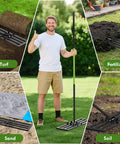 Man using Lawn Leveling Rake with 6.5 Foot Stainless Steel Handle, 35 By 10 Inch Ground Leveler for turf, fertilizer, sand, soil.