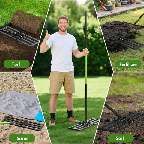 Man using Lawn Leveling Rake with 6.5 Foot Stainless Steel Handle, 35 By 10 Inch Ground Leveler for turf, fertilizer, sand, soil.