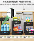 Two Tier Under Sink Organizer With Butter Smooth Mesh Sliding Drawers And Silent Roll Tracks That Make Deep Cabinet Storage A Total Breeze For Quick Every Day Access showing height adjustment options.