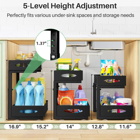 Two Tier Under Sink Organizer With Butter Smooth Mesh Sliding Drawers And Silent Roll Tracks That Make Deep Cabinet Storage A Total Breeze For Quick Every Day Access showing height adjustment options.