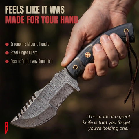 Person holding Beefy 10 Inch Damascus Steel Tracker Knife With Full Tang Fixed Blade Micarta Handle Leather Sheath For Rugged Bushcraft Camping Survival Hunting And Outdoor Adventure Gear Gift For Collectors in hand, showcasing micarta handle and textured blade.