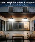 2000 Lumen Solar Shed Light With Pull Chain Switch Heavy Duty Waterproof Pendant Lamp For Garage Patio And Basement Dusk To Dawn Sensor, split design with solar panels over outdoor seating area.