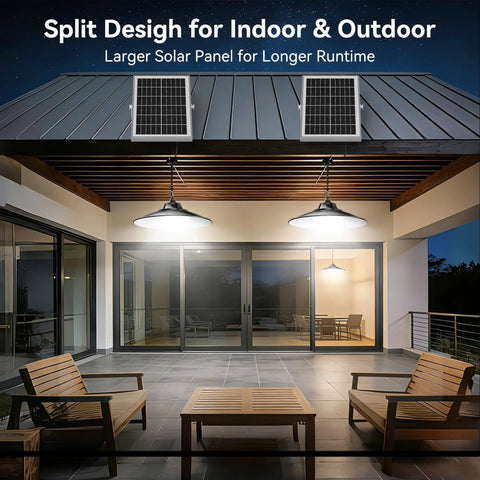 2000 Lumen Solar Shed Light With Pull Chain Switch Heavy Duty Waterproof Pendant Lamp For Garage Patio And Basement Dusk To Dawn Sensor, split design with solar panels over outdoor seating area.