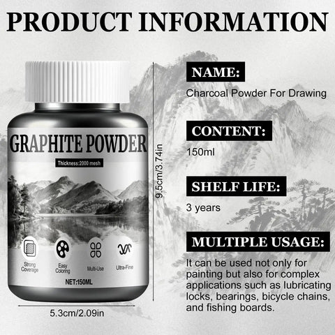 Charcoal Powder for Drawing Graphite Powder jar 150ml with mountain design, fine texture, strong adhesion, multi-use information.