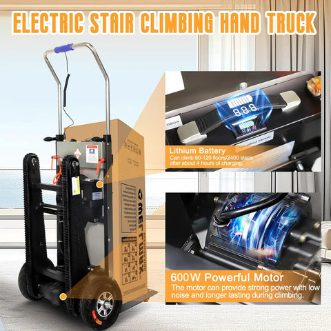 Heavy Duty Electric Stair Climbing Dolly 661Lb Capacity 600W Motor powered hand truck cart with lithium battery and motor detail.