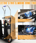 Heavy Duty Electric Stair Climbing Dolly Cart With 661 Pound Capacity And 600w Motor, showing a lithium battery and powerful motor details.