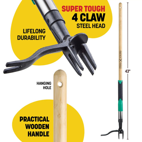 Weed Puller Tool 44 Inch Stand Up Weeder With 4 Claw Steel Head Dual Weed Eject Tech Bamboo Handle Garden Remover For Easy Weeding In Yard And Garden Today, 43-inch bamboo handle