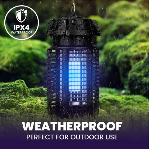 Outdoor Bug Zapper With Switch 4000V Electric Insect Killer for Backyard Patio, showing IPX4 waterproof design with blue UV light