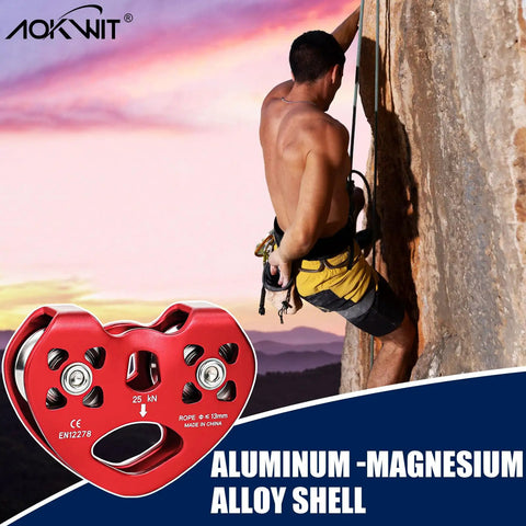 Climber using dual tandem zip line pulley for 8 to 13mm rope, beefy aluminum alloy shell with stainless bearings, 25KN strength