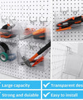 Sweet 4 Piece Pegboard Bins Set With Metal Hooks For Garage Organization Clear Plastic Bins shown on a pegboard with tools