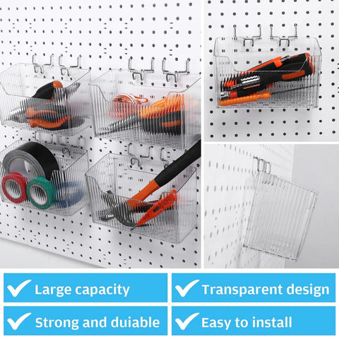 Sweet 4 Piece Pegboard Bins Set With Metal Hooks For Garage Organization Clear Plastic Bins shown on a pegboard with tools