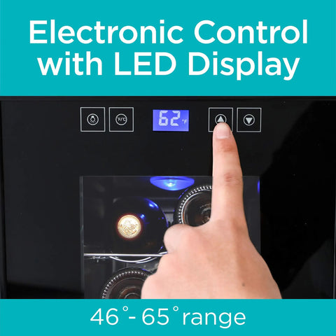 Finger adjusting settings on Compact 8 Bottle Capacity Wine Fridge With LED Display And Interior Light, Space Saving Mini Wine Cellar.