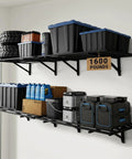 2 Pack 2x6ft Heavy Duty Garage Wall Shelves Set Black, Ultra Strong Storage Racks For Tools Bins And Gear, 3200 Lbs Tested Capacity With 1600 Lbs Total Rated, 800 Lbs Per Shelf, Easy Install Wall Mount System, loaded with bins and tools