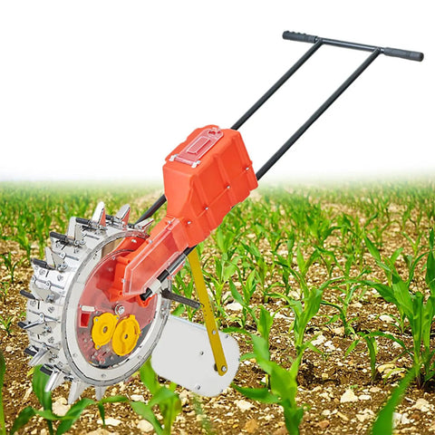 Manual Seeder Hand Push Roller Seeder Seed Dispenser Garden Tool For Terraced Farms Ranches And Backyards amid young plants