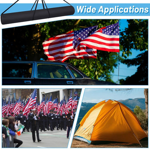 Flag Pole Carry Bag For Tailgates And Color Guard Gear, Heavy Duty 60x6 Inch Oxford Fabric Case shown with flags and tent in use