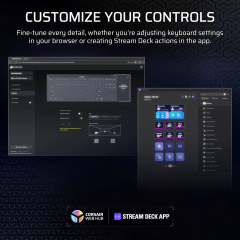 Screenshot of Corsair keyboard settings and Stream Deck app for Black Galleon 100 RGB Mechanical Wired Gaming Keyboard With Insane Tactile Feedback And Built In Elgato Stream Deck Integration For A Truly Goated Player One Experience.