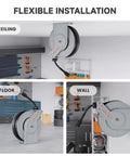 65Ft Pressure Washer Hose Reel Auto Retractable 3200 Psi Power Washer Reel shown mounted on ceiling, floor, and wall