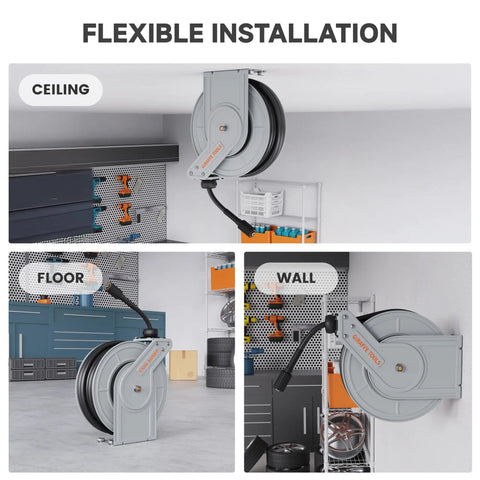 65Ft Pressure Washer Hose Reel Auto Retractable 3200 Psi Power Washer Reel shown mounted on ceiling, floor, and wall