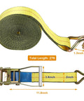 Heavy Duty Badass Ratchet Straps 4 Pack 2 Inch Wide By 27 Feet Long With Double J Hooks, showing strap details and dimensions.