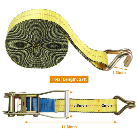 Heavy Duty Badass Ratchet Straps 4 Pack 2 Inch Wide By 27 Feet Long With Double J Hooks, showing strap details and dimensions.