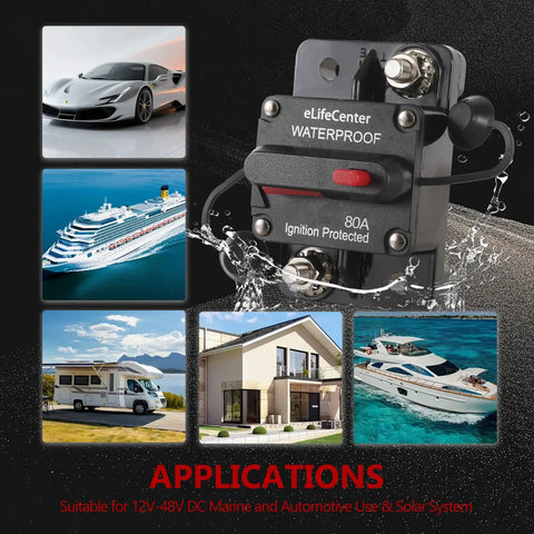 Pro Grade Manual Reset 80 Amp Dc Circuit Breaker With Quick Toggle Switch For 12 To 48 Volt Systems Dual Pack shown with marine applications.