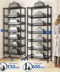 Ultra Sturdy 7 Tier Wire Shelving Unit With Basket Shelf And Wheels For Pantry Kitchen Or Office Storage Adjustable Shelves Waterproof And Rust Proof Metal Four Side Hooks For Ladles Towels And More 72 Inch Tall black metal shelving unit with basket shelves, wheels, and hooks in kitchen