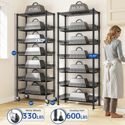 Ultra Sturdy 7 Tier Wire Shelving Unit With Basket Shelf And Wheels For Pantry Kitchen Or Office Storage Adjustable Shelves Waterproof And Rust Proof Metal Four Side Hooks For Ladles Towels And More 72 Inch Tall black metal shelving unit with basket shelves, wheels, and hooks in kitchen