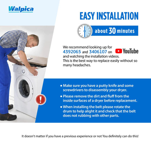 Person installing dryer with Complete Dryer Repair Kit With Belt, Two Drum Rollers, Idler Pulley, And Door Switch instructions.