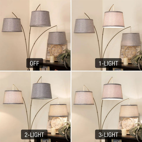 Dope Modern Arc Floor Lamp With Three Lights And Three Way Switch Beige Burlap Shades in different lighting settings.