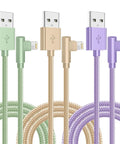 3 Pack 6 Foot Lightning Cables With 90 Degree Connectors, Apple MFi Certified iPhone Chargers For Fast Charge Up To 2.4A And 480 Mbps Data Transfer, Durable Nylon Braided Cords For Everyday Use, shown in green, gold, and purple