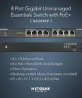 Front view of 8-Port PoE Plus Gigabit Ethernet Unmanaged Essentials Switch With 83W Budget, model GS308PP, showing ports and dimensions