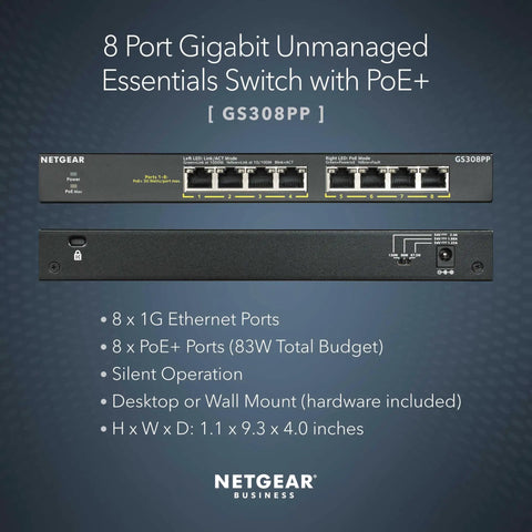 Front view of 8-Port PoE Plus Gigabit Ethernet Unmanaged Essentials Switch With 83W Budget, model GS308PP, showing ports and dimensions