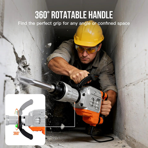 Heavy Duty Electric Jack Hammer Delivers 1700 Watts Of Knockout Punch At 1900 Bpm To Rip Through Concrete And Brick Handles Demolition Easy Features Anti Vibration Swivel Handle in use with 360° rotatable handle for versatile gripping.