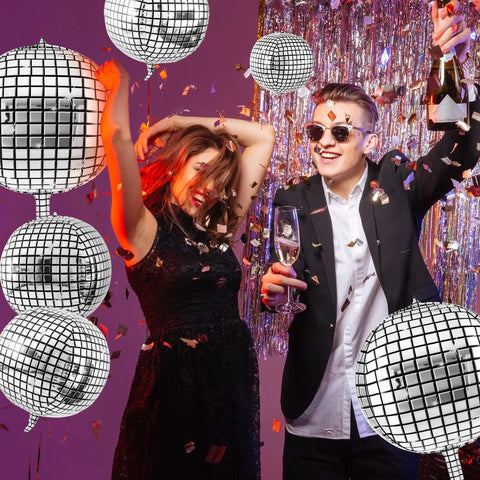 Party scene with Silver Disco Balloons Set Of 48 In Assorted Sizes 10 Inch 22 Inch 32 Inch Metallic Round Party Balloons For Bachelorette Parties And 70s 80s Retro Decor Turn Up Your Party Vibe